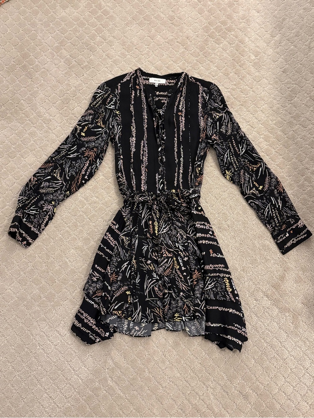 Reiss Black Floral Long Sleeve Tie Waist Handkerchief Skirt Dress 2